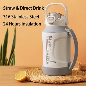 316 Stainless Steel Vacuum Flask Large Capacity Sports Water Bottle With Straw Lid And Portable Handle Outdoor Gym Leakproof