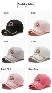 Detail of luxury baseball cap featuring hand-set rhinestones and golden D metal logo