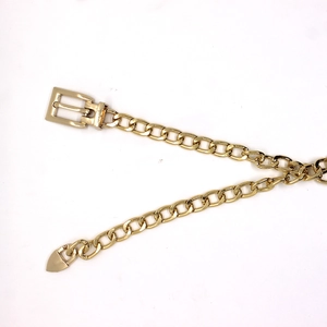 Macro shot of gold chain belt with rectangular buckle and heart-shaped metal detail
