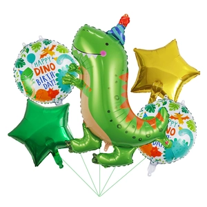 5-piece green dinosaur foil balloon set with stars and Happy Birthday prints