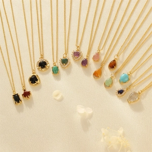 18K gold-plated heart gemstone pendant necklaces on a Cuban chain for women