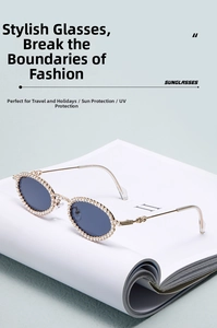 Macro detail of rhinestone-encrusted oval sunglasses with sleek metal frames