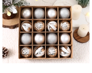 Detail view of 16-pack Christmas ornaments in a kraft box on cozy white faux fur background