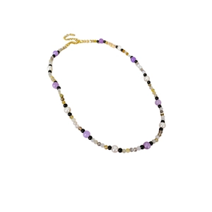 Neo-Chinese style beaded necklace with purple beads and white pearls on white background