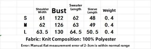Size chart for striped knit sweater with bust, length, and sleeve measurements in centimeters