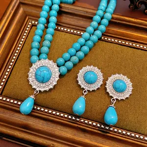 Vintage Double Layer Faux Artificial Pearl Turquoise Necklace Earrings Teardrop Rhinestone Elegant Jewelry Women Accessory