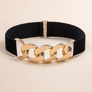 Close-up of a wide black elastic waist belt featuring a chunky gold metal chain buckle
