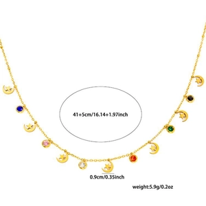 Detailed size specifications for gold star moon necklace with colorful zircon pendants