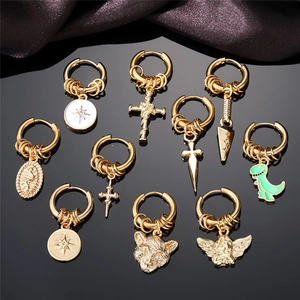 Hoop Earrings Stainless Steel Cross Dinosaur Angel Sword Leopard Charms Gold Plated Punk Gothic Novelty Jewelry Accessory