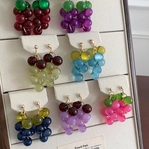 Close-up of colorful resin grape tassel earrings on a professional display board