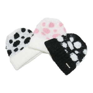 Women Winter Knit Beanie Hat Warm Thick Plush Acrylic Cow Print Polka Dot Metal Plate Ear Protection Cold Weather