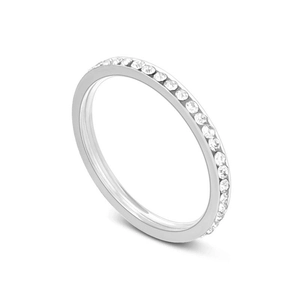 Macro shot of 2mm silver titanium steel eternity ring with sparkling inset cubic zirconia