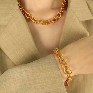 Chunky gold chain necklace and bracelet set featuring minimalist square links for women
