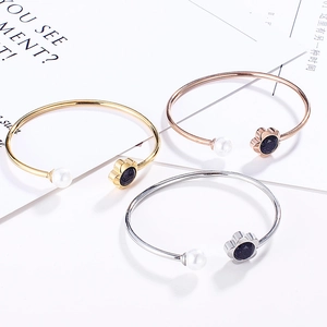 Stainless Steel Flower Open Cuff Bangle Bracelet With Faux Artificial Pearl And Blue Sandstone For Women