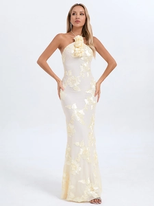 Halter neck evening dress with 3D flower detail and gold lace embroidery in pale yellow