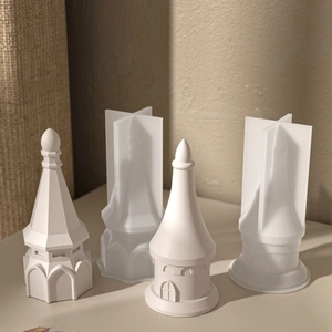 Geometric castle silicone mold set for DIY candles and rings with white plaster towers