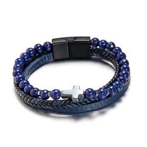 Detail of multi-layer leather bracelet with blue natural stones and silver cross charm