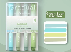 Detail of four-piece green gradient highlighter set in soft matte finish and clear case