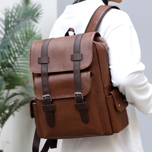 Brown vintage PU leather backpack with double straps and flap for casual travel use
