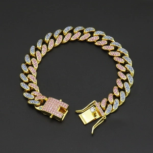 Bracelet Hip Hop Cuban Link en Alliage avec Strass Colorés Chaîne Full Pave pour Hommes Bijoux Streetwear
