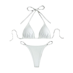 White ribbed halter bikini set with tie-up triangle top and high-cut bottoms