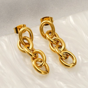 Long Chain Link Drop Earrings 18K Gold Plated Stainless Steel Geometric Interlocking Oval Rings Fashion Jewelry Women