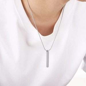 Polished silver rectangular pillar pendant necklace for men with sleek snake chain