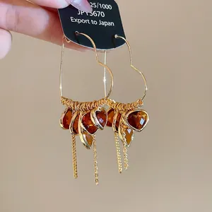 18K gold plated heart hoop earrings with amber crystal tassels and golden chains