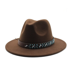 Close-up of wool fedora hat with brown leather band and colorful bead embroidery detail