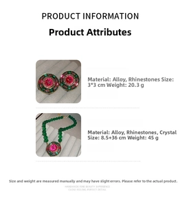 Detail view of vintage emerald-style rhinestone necklace and earring set dimensions