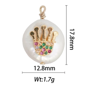 Detail view of crown pearl pendant with dimensions 17.8mm by 12.8mm and 1.7g weight