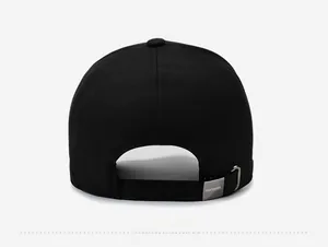 Detail view of the black baseball cap back with adjustable metal buckle and strap