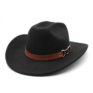 Detail of black wool felt cowboy hat with brown faux leather band and silver metal chain
