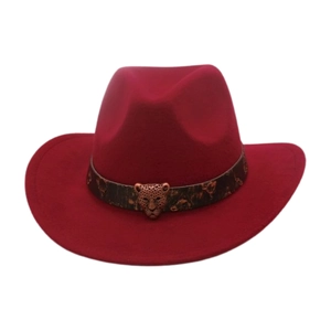 Detailed close-up of a dark red wool felt jazz hat featuring a metal leopard head buckle