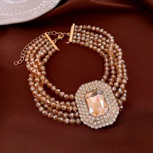 Vintage multi-layer champagne beaded necklace with a large rectangle crystal pendant