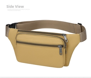 Side view of khaki multi-compartment waist bag showing thick zippers and durable canvas