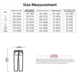 Detailed size chart for men's linen cotton trousers from S to 3XL with measurements