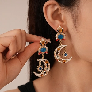 Baroque Star Moon Dangle Earrings Alloy Imitation Artificial Pearl Rhinestone Enamel With 925 Sterling Silver Earring Post Women Retro