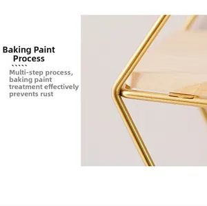 Detail of rust-resistant gold metal frame and wood shelf with premium lacquer finish