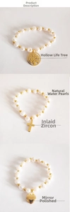 Detailed view of baroque pearl bracelets with Tree of Life and cross charms in gold finish