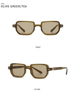 Detail view of olive green rectangle sunglasses with gold rivet accents and tea lenses