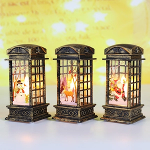 Retro Christmas telephone booth lanterns with LED lights featuring Santa, elk, and snowman