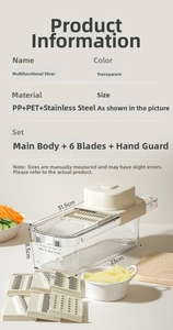 Detail view of multifunctional vegetable slicer set with 6 blades and a container