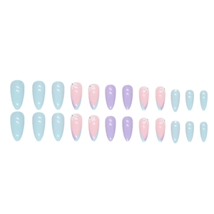 Blue and purple almond fake nails with floral patterns in 24-piece set layout