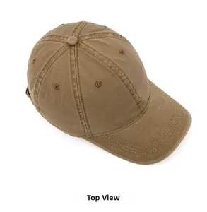 Top view of a cotton baseball cap in washed khaki with stitched brim and six-panel crown
