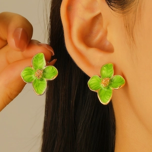 Fashion Alloy Floral Stud Earrings With Stainless Steel Post Drip Oil Four Petal Flower Roselle Style Ear Jewelry For Women Daily Dating Gift