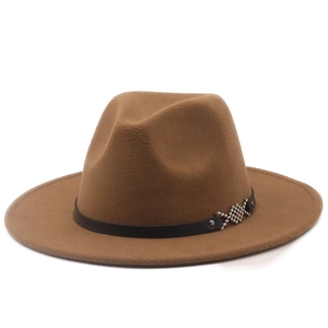 Detail of wool fedora hat with black leather band and silver fish-shaped metal buckle