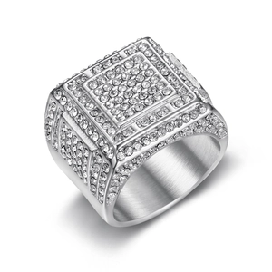Iced out hip hop square ring for men in silver finish with micro paved cubic zirconia stones