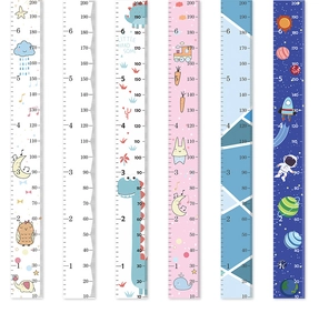 Vertical view of six different cartoon height growth charts from 10cm up to 200cm range