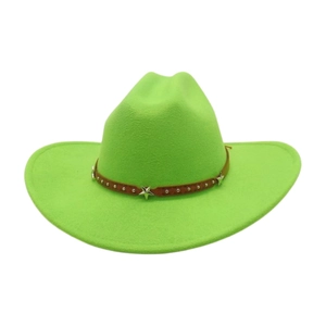 Macro detail of neon green felt fedora featuring brown leather band with silver star studs